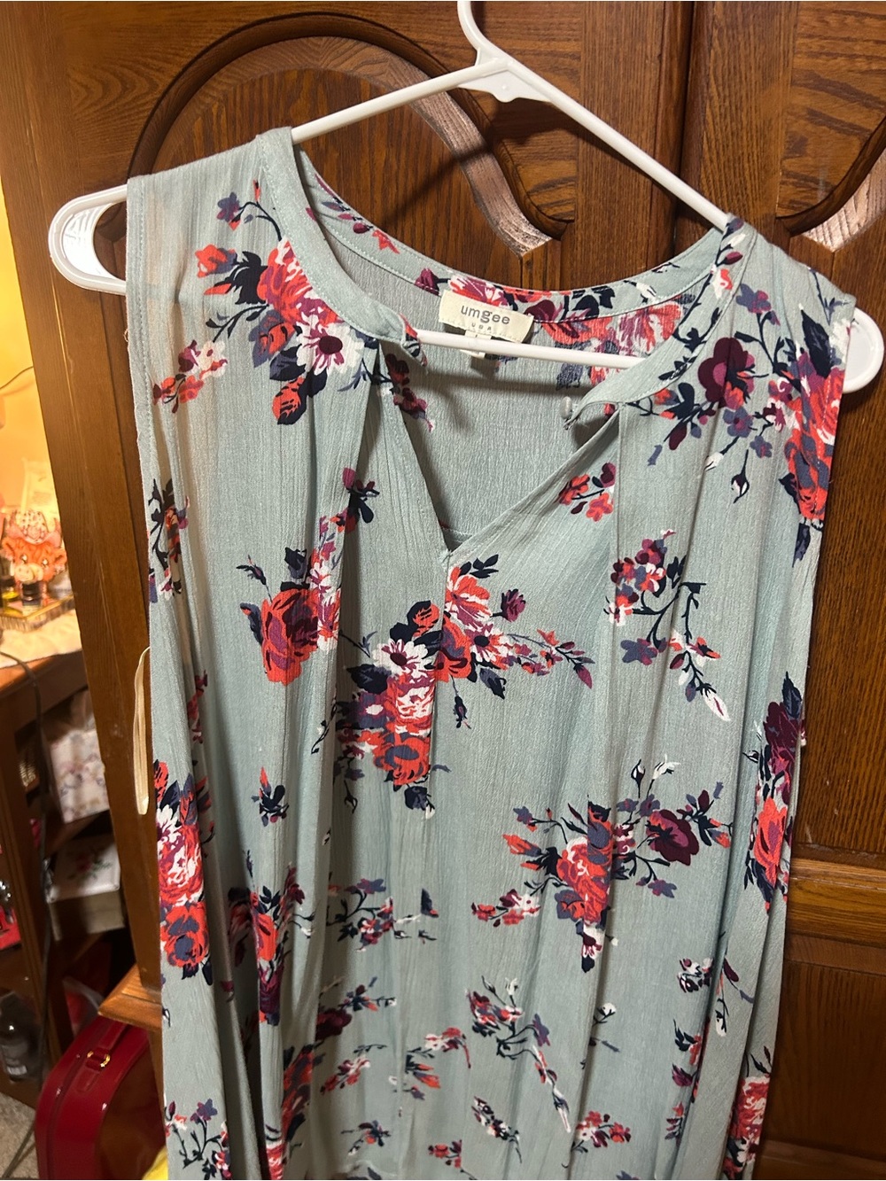Umgee Sage Green Sleeveless Floral Tunic with Red & Navy Blooms